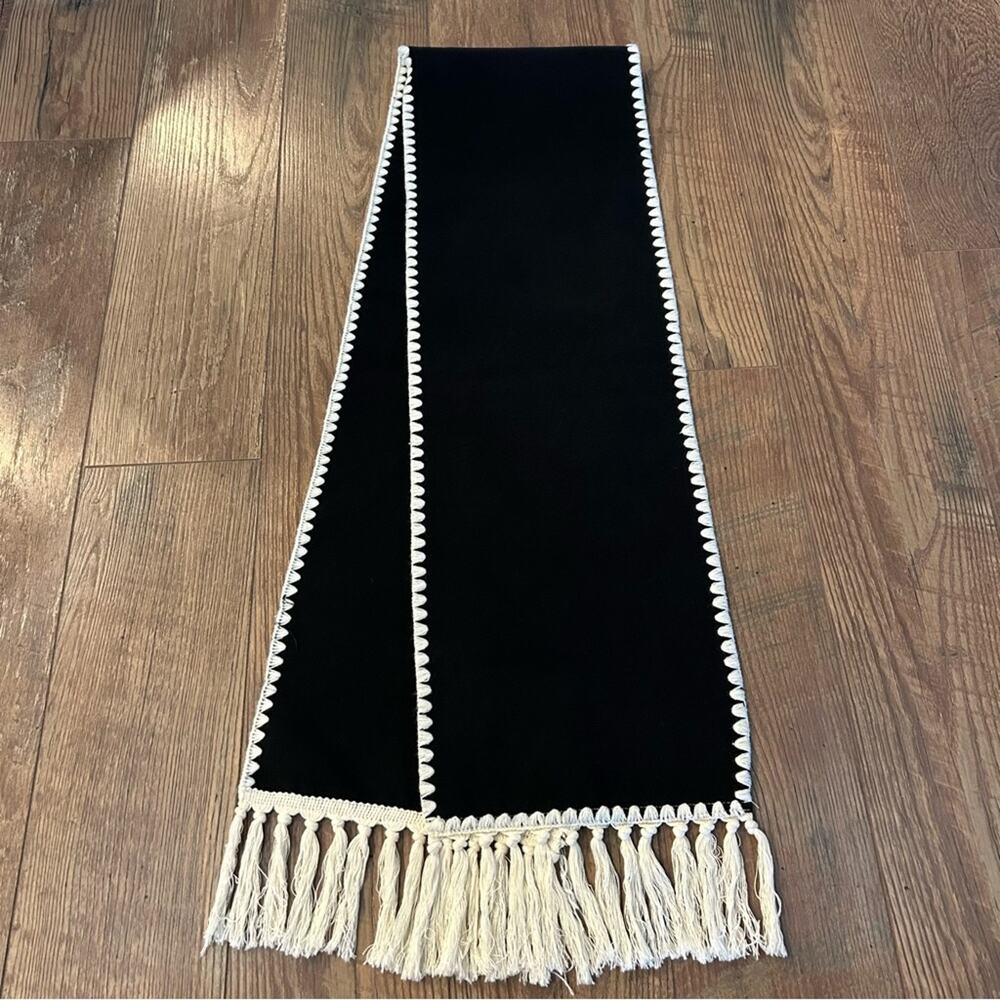 Black Scarf with White Stitched Edges and White Tassels